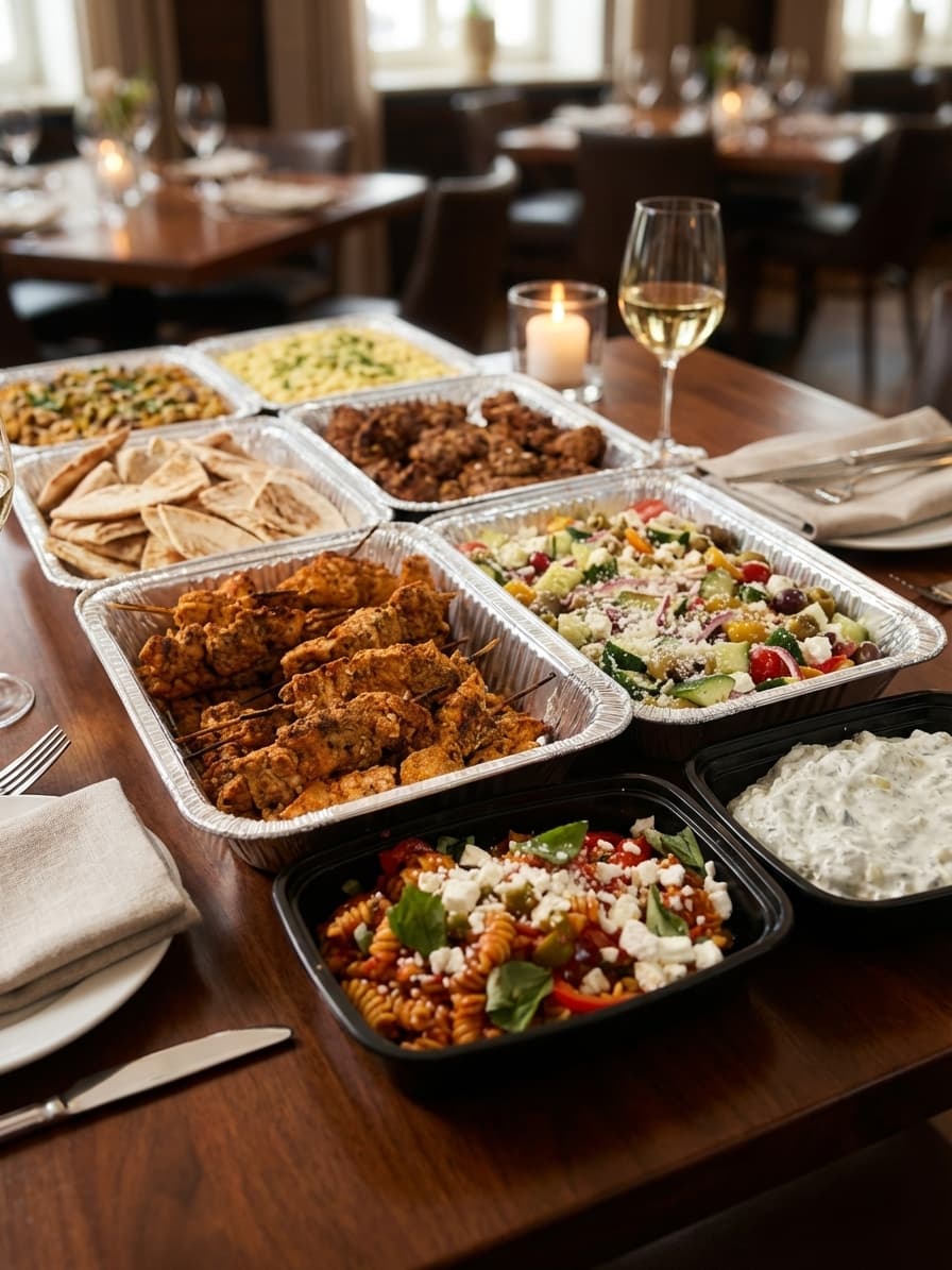 Catering spread with multiple dishes